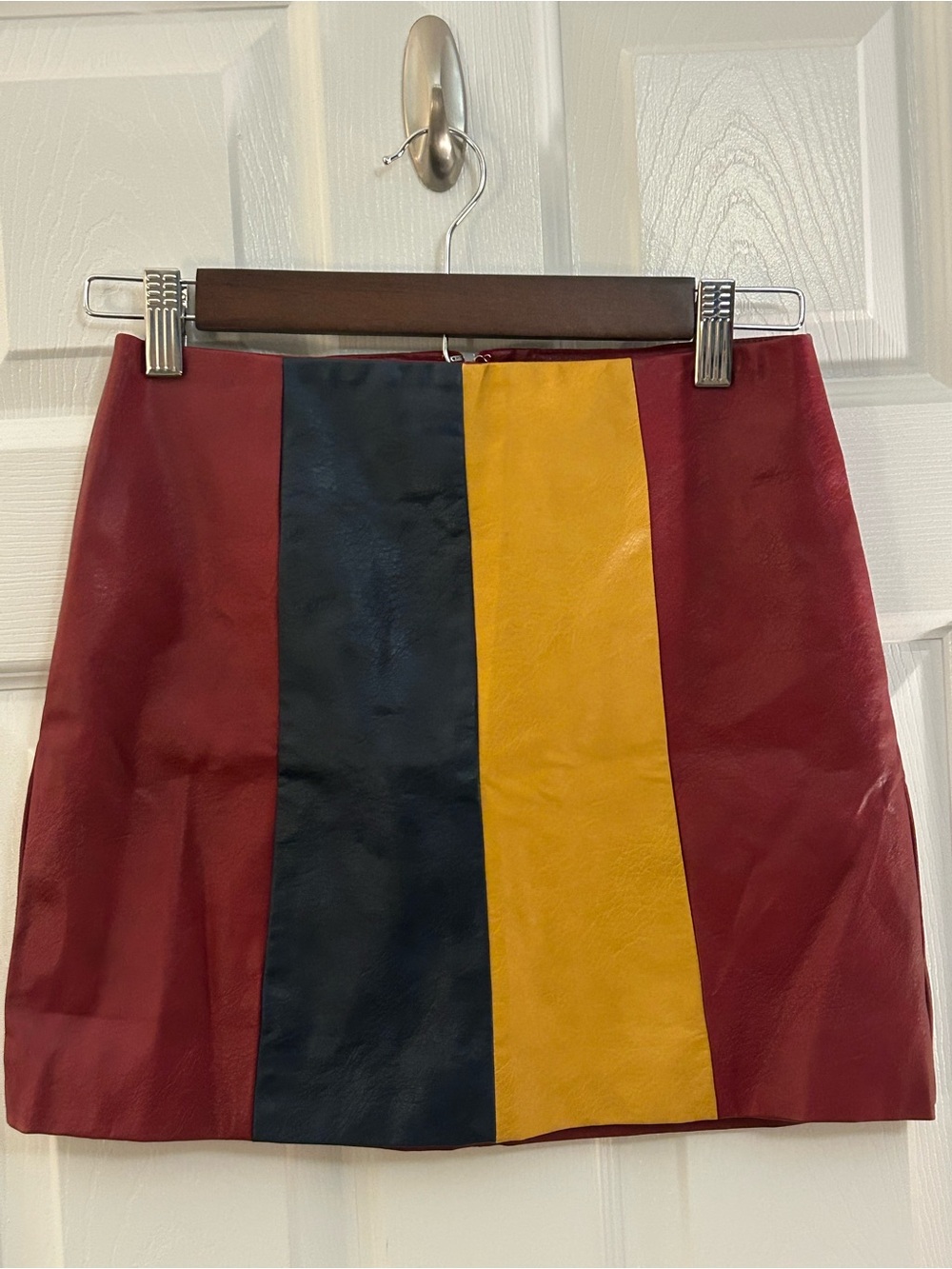 Wild Honey Colorblock Faux Leather Mini Skirt in Burgundy, Blue & Mustard NWT
